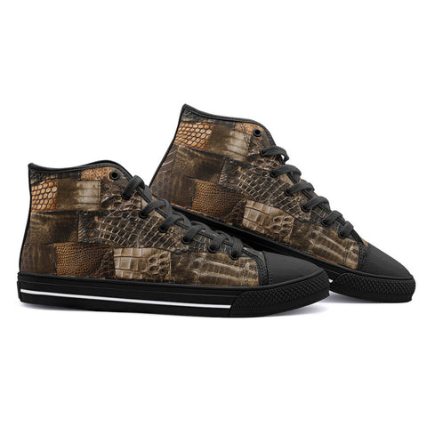 High-Top Canvas Shoes Brown Alligator Skin Patchwork Print