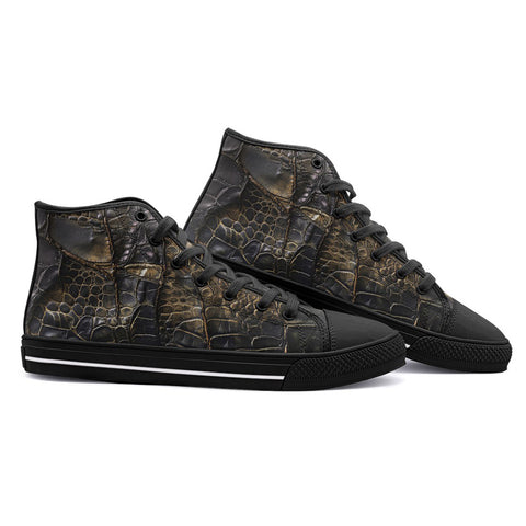 High-Top Canvas Shoes Black Crocodile Skin Texture