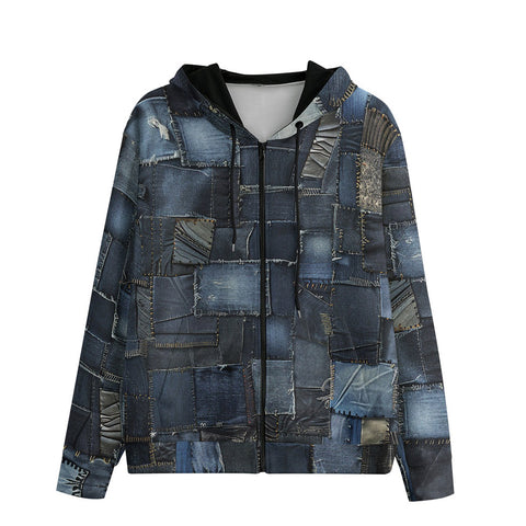 Men's Zip Up Hoodie Blue Jeans Patchwork