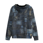 Men's Zip Up Hoodie Blue Jeans Patchwork