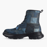 Casual Leather Chunky Boots Blue Denim Patchwork