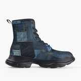 Casual Leather Chunky Boots Blue Denim Patchwork