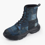 Casual Leather Chunky Boots Blue Denim Patchwork
