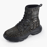 Casual Leather Chunky Boots Metal Mask Aztec Art
