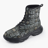 Casual Leather Chunky Boots Aztec Art Metal Ornaments