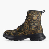 Casual Leather Chunky Boots Golden Mask Aztec Art