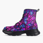 Casual Leather Chunky Boots Purple and Blue Stained Glass