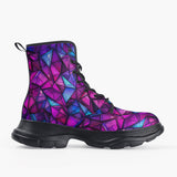 Casual Leather Chunky Boots Purple and Blue Stained Glass