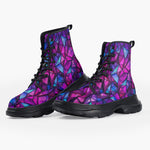 Casual Leather Chunky Boots Purple and Blue Stained Glass