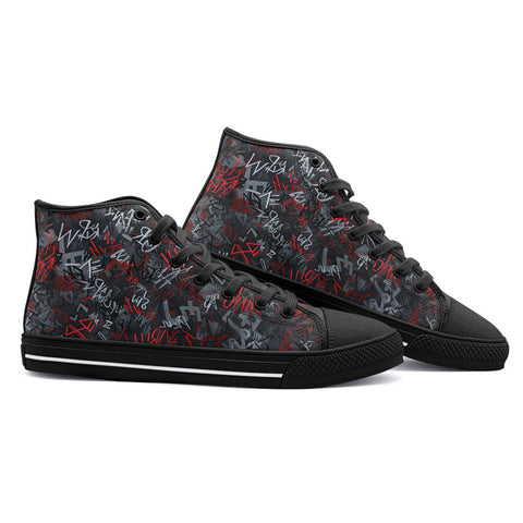 High-Top Canvas Shoes Red and White Graffiti