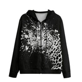 Men's Zip Up Hoodie Black and White Leopard Brushwork