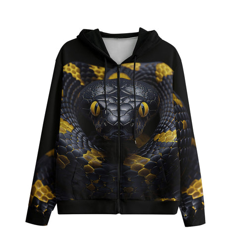 Men's Zip Up Hoodie Black Snake with Yellow Stripes