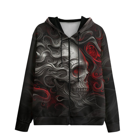 Men's Zip Up Hoodie Silver Skull in Red Smoke