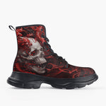 Casual Leather Chunky Boots White Skull with Bloody Dragon