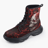 Casual Leather Chunky Boots White Skull with Bloody Dragon