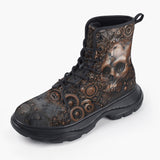 Casual Leather Chunky Boots Copper Skull with Gears