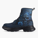 Casual Leather Chunky Boots Blue Skull with Roses