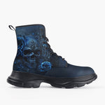 Casual Leather Chunky Boots Blue Skull with Roses