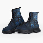 Casual Leather Chunky Boots Blue Skull with Roses