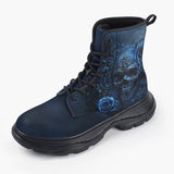 Casual Leather Chunky Boots Blue Skull with Roses