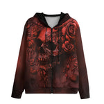 Men's Zip Up Hoodie Red Skull with Roses