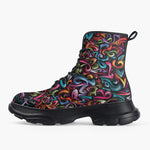 Casual Leather Chunky Boots Colorful Graffiti Art