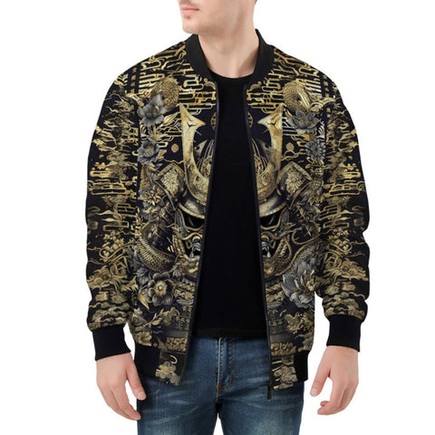 Bomber Jacket Golden Samurai Mask Japanese Motifs
