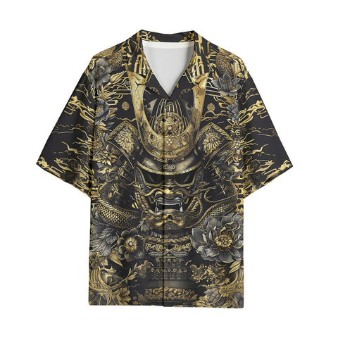 Hawaiian Shirt Golden Samurai Mask Japanese Motifs