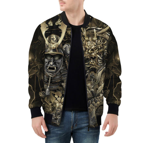 Bomber Jacket Golden Samurai Mask and Dragons Collage