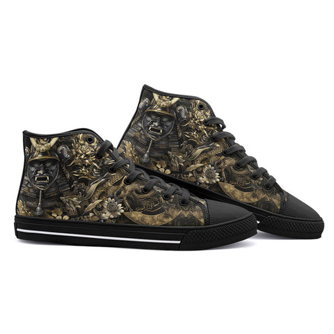 High-Top Canvas Shoes Golden Samurai Mask and Dragons Collage