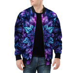 Bomber Jacket Vibrant Neon Blue and Purple Leaves