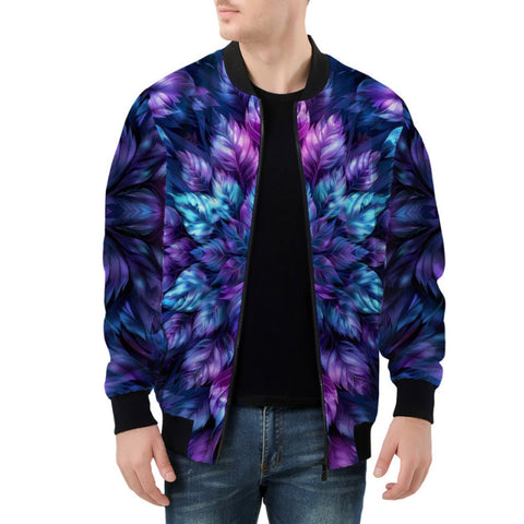 Bomber Jacket Vibrant Neon Blue and Purple Leaves
