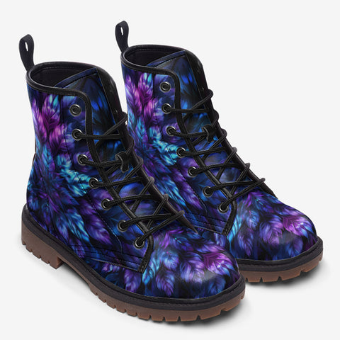 Leather Boots Vibrant Neon Blue and Purple Leaves