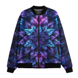 Bomber Jacket Vibrant Neon Blue and Purple Leaves
