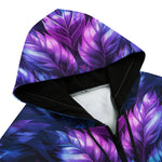 Men's Zip Up Hoodie Vibrant Neon Blue and Purple Leaves