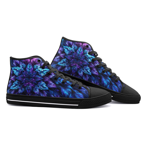 High-Top Canvas Shoes Vibrant Neon Blue and Purple Leaves