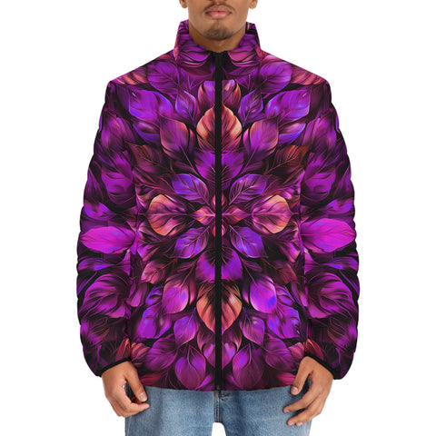 Down-Padded Puffer Jacket Purple Neon Leaves