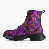 Casual Leather Chunky Boots Purple Neon Leaves