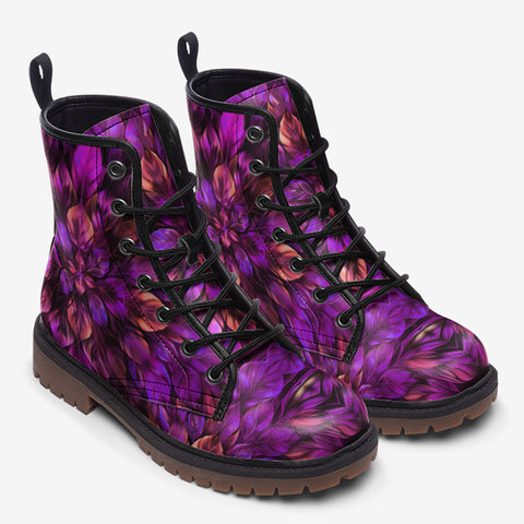 Leather Boots Purple Neon Leaves