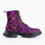 Casual Leather Chunky Boots Purple Neon Leaves