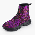 Casual Leather Chunky Boots Purple Neon Leaves