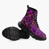 Casual Leather Chunky Boots Purple Neon Leaves