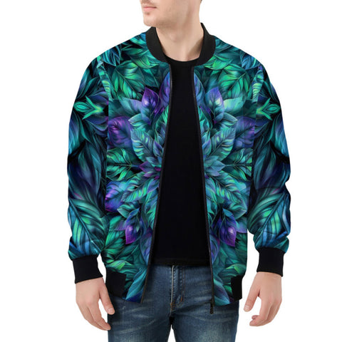 Bomber Jacket Blue and Green Neon Leaves