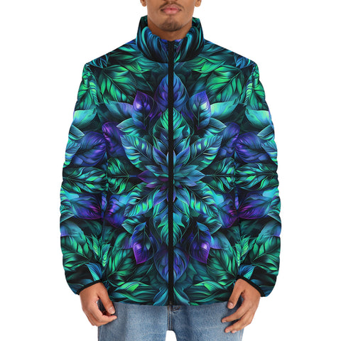 Down-Padded Puffer Jacket Blue and Green Neon Leaves