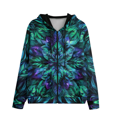 Men's Zip Up Hoodie Blue and Green Neon Leaves