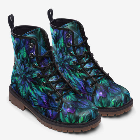 Leather Boots Blue and Green Neon Leaves