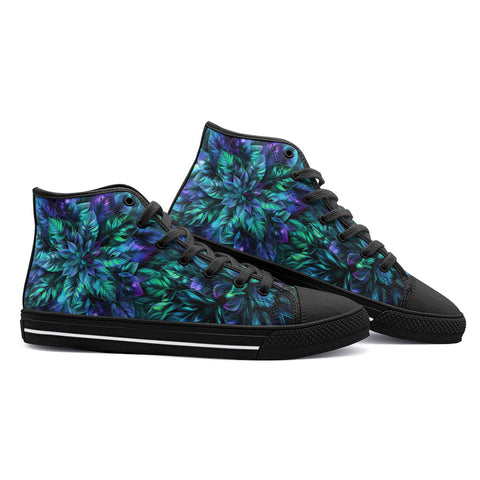 High-Top Canvas Shoes Blue and Green Neon Leaves