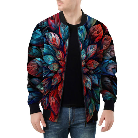Bomber Jacket Neon Leaves Vibrant Reds and Blue