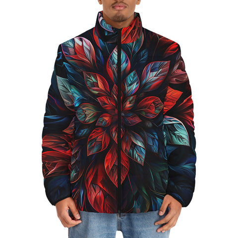 Down-Padded Puffer Jacket Neon Leaves Vibrant Reds and Blue