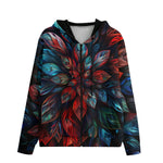 Men's Zip Up Hoodie Neon Leaves Vibrant Reds and Blue